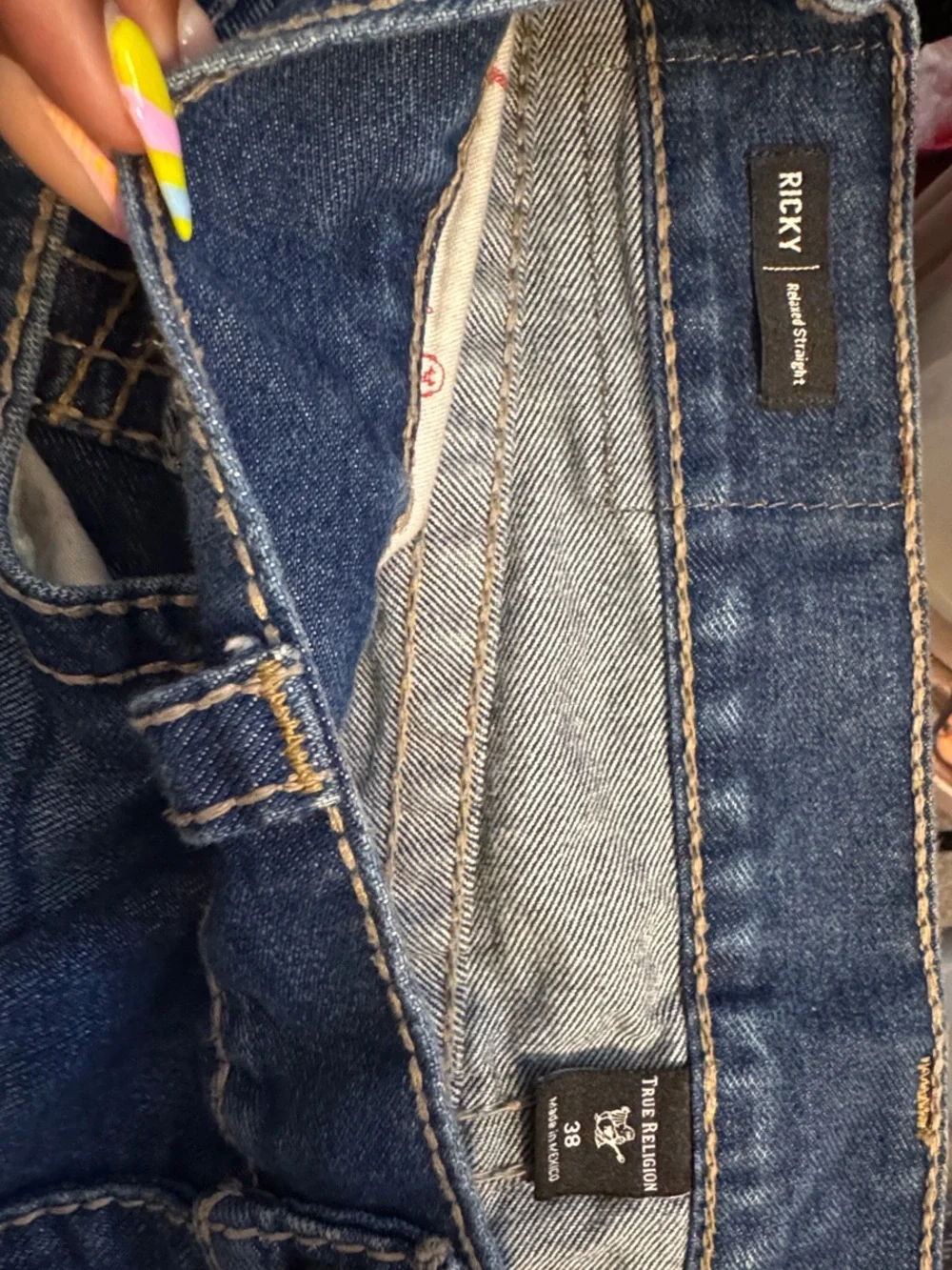 True Religion Men's Blue Denim Jeans with Contrast Stitching